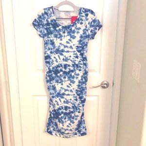 Isabel maternity blue and cream short sleeve dress